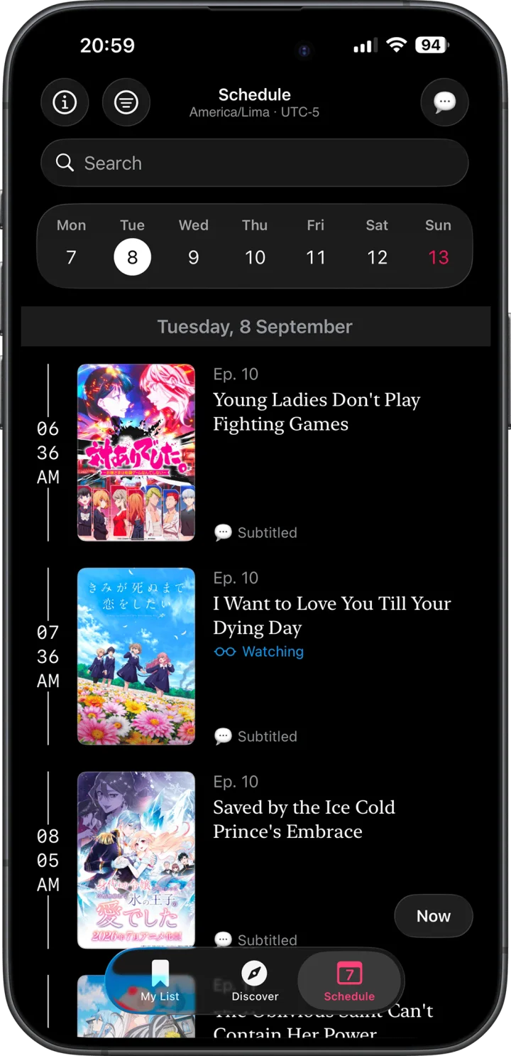 Chisato weekly anime airing schedule with episode release times