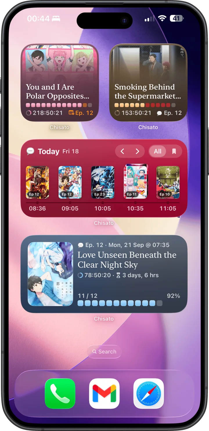 iPhone home screen with Chisato widgets showing countdowns and today's schedule